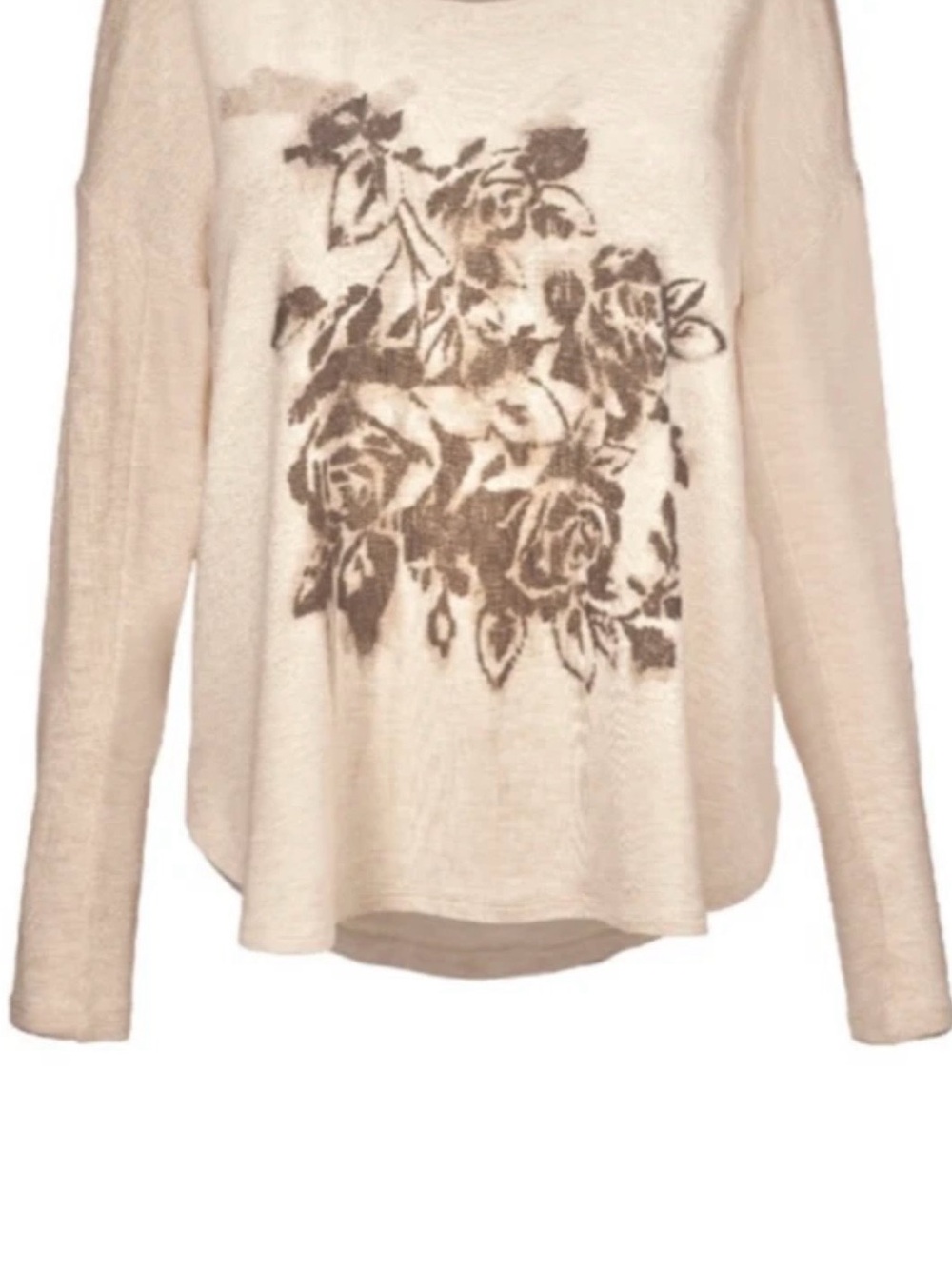 NWOT! CAbi Cream Long-Sleeve Top with Brown Floral Print Sz. M
